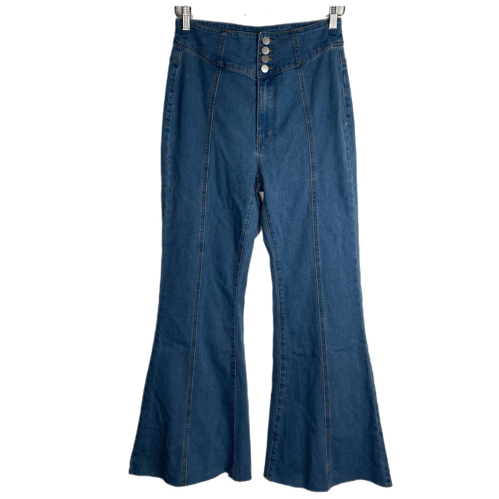 Cider Closet’s Happy Hour Flare Raw Hem High Rise Stretch Jeans Sz M 28
